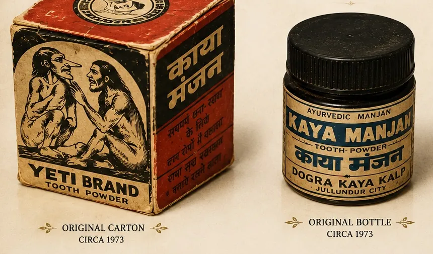 Original Kaya Manjan (Yeti Brand) tooth powder carton and bottle, circa 1973